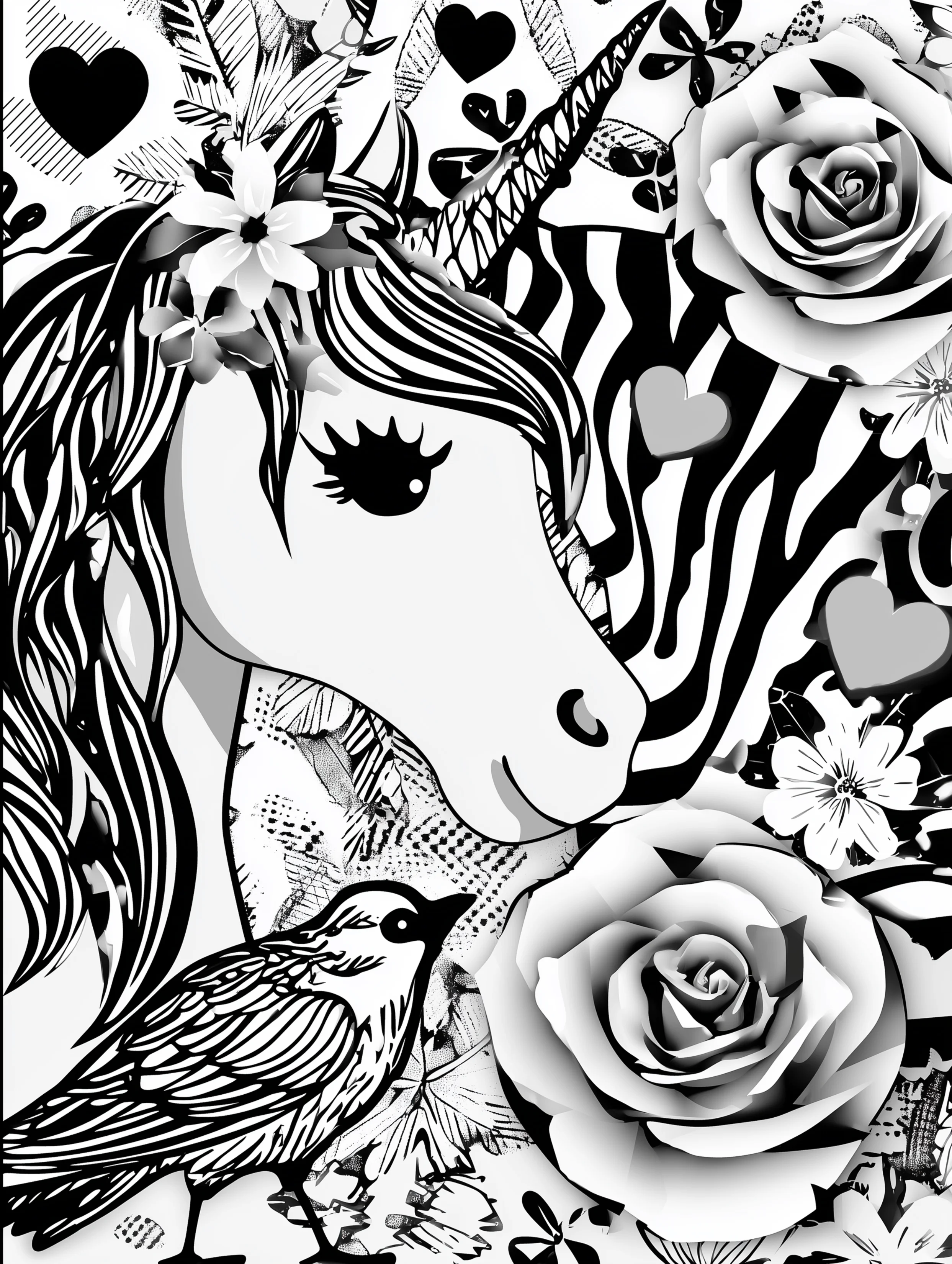 Free printable unicorn coloring page for adults featuring a bird and unicorn coloring sheet